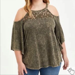Torrid Crochet Cold Shoulder Top Mineral Wash Olive Size 1 H
